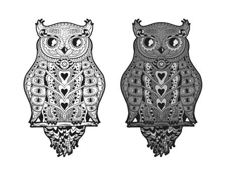 Owl on isolated white. Detailed hand drawn ornate bird with abstract patterns on isolated background. Abstract ornate character. Different color options. Black and white illustrationのイラスト素材