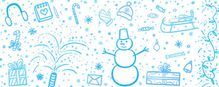 Hand drawn christmas backdrop. Freehand winter background. Sketchy xmas banner with holiday elements. Winter holidays. Children's drawings. Colored illustrationのイラスト素材