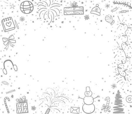 Christmas frame. Festive background. Freehand drawings. Hand drawn christmas symbols. School winter holidays. New year banner. Children's drawingsのイラスト素材