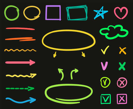 Colorful neon elements on isolated black background. Glowing signs for design. Night party. Freehand drawingのイラスト素材