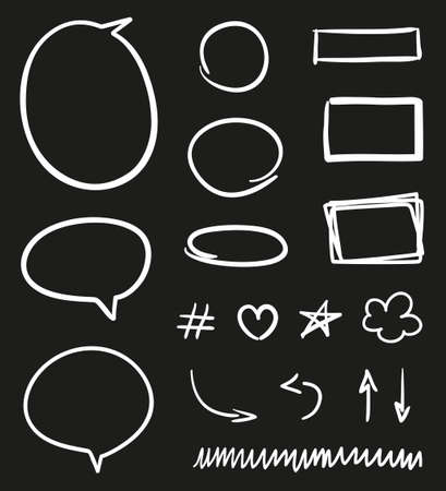 Hand drawn doodles. Infographic elements on isolated background. Freehand simple signs. Elements are drawn in a linear style. Black and white illustrationのイラスト素材