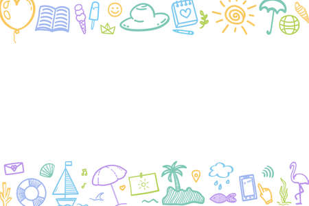 Hand drawn colored holiday elements. Colorful sketchy doodles. summer holidays. vacation trip. web bannerのイラスト素材