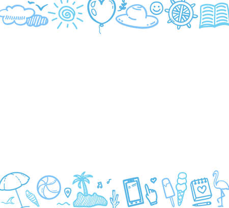 Hand drawn colored summer elements. Colorful sketchy doodle. summer holidays. Free hand signs and symbols. vacation trip. web banner designのイラスト素材