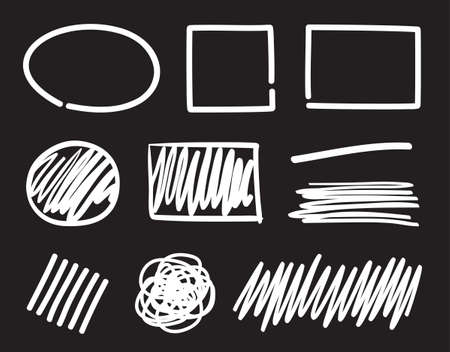 Abstract geometric frames. Hand drawn white hatched shapes on black. abstract hatching. Sketchy tangled elements. freehand scrawls. black and white illustrationのイラスト素材