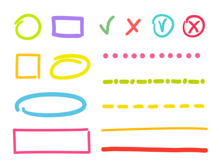 Hand drawn infographic elements on isolated white background. Colored set of sketchy signs. hand drawn simple symbolsのイラスト素材