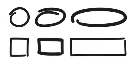 Hand drawn black doodles on white. Abstract geometric frames. Free hand drawing. Set of different geometric shapes. black and white illustrationのイラスト素材