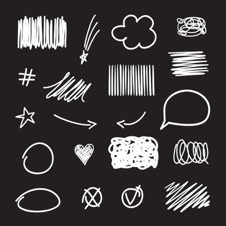 Infographic elements on a blackboard. Hand drawn white shapes on black. Abstract signs and symbols. Freehand elements on a chalkboard. black and white illustrationのイラスト素材