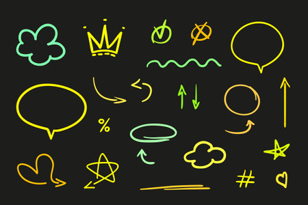 Hand drawn colored neon elements on black background. Glowing signs. Doodles for banners, posters or flyers. colorful illustrationのイラスト素材