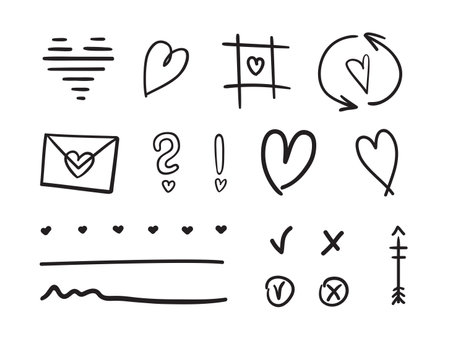 Hand drawn holiday infographic elements on isolated white background. Set of simple objects. holiday elements. Valentine's day. black and white illustrationのイラスト素材