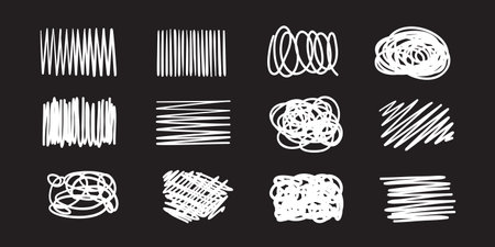 Hand drawn white hatched shapes on black. abstract hatchings. Free hand scrawl elements. black and white illustrationのイラスト素材