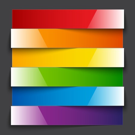 Infographics shiny rainbow paper stripe banners with shadows on dark grey background. のイラスト素材