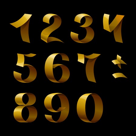 Set of isolated golden shining ribbon numbers on black background.  のイラスト素材