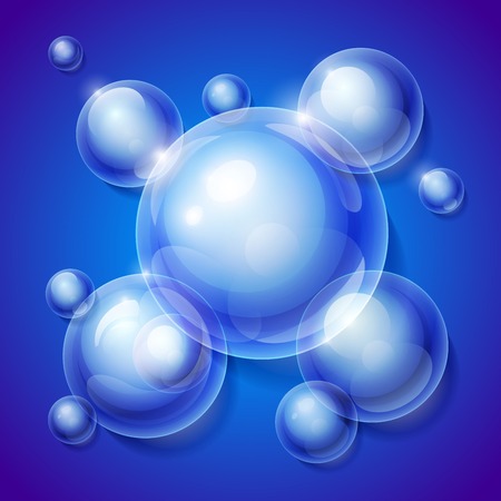 Realistic shiny transparent water drop bubbles on blue background.  のイラスト素材