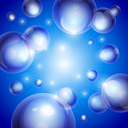 Realistic shiny transparent water drop bubbles on blue background.   のイラスト素材