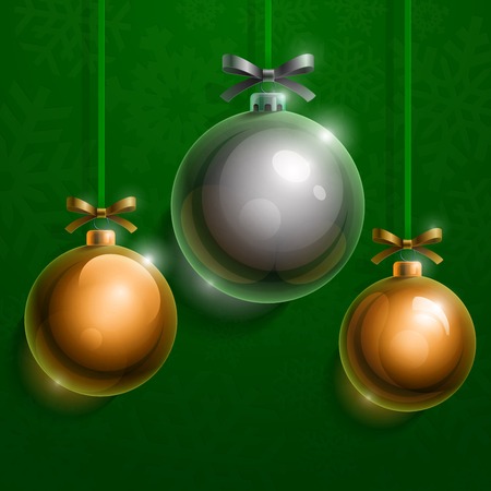 Christmas tree silver and golden realistic shiny glass balls on green background.  のイラスト素材