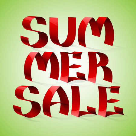 Isolated red color shiny ribbon letters words SUMMER SALE on green background. RGB   vector illustrationのイラスト素材