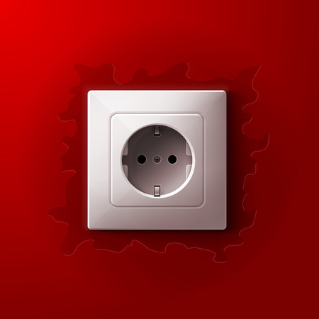Realistic electric white socket on red wall background. RGB EPS 10 vector illustrationのイラスト素材