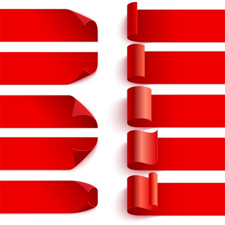 Set of curled red curled ribbons with shadows on white background. illustration. Can be placed on any backgroundのイラスト素材