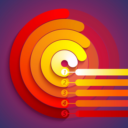 Abstract infographic red, orange and yellow 3d circle shapes 5 options chart on purple background. RGB EPS 10 vector illustrationのイラスト素材