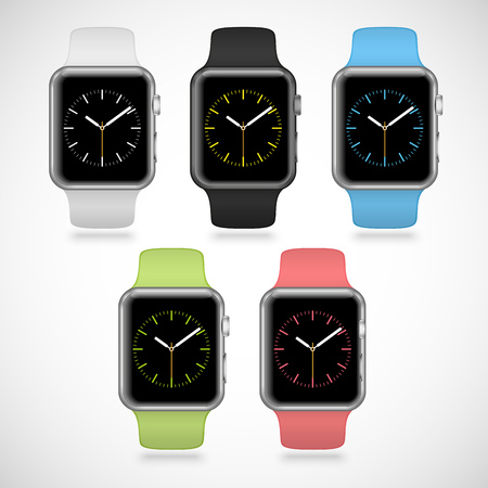 Set of 5 modern shiny sport smart watches with white, black, green, blue and pink plastic bands and digital clock faces isolated on white background. RGB EPS 10 vector illustrationのイラスト素材