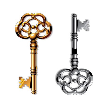 Gold and silver realistic vintage isolated keys on white backgroundのイラスト素材
