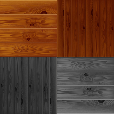 Set of realistic brown and grey wood boards textures. Vintage wooden parquet planks backgrounds collection. RGB EPS 10 vector illustrationのイラスト素材