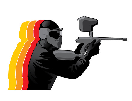 Paintball player in black uniform with marker gunのイラスト素材