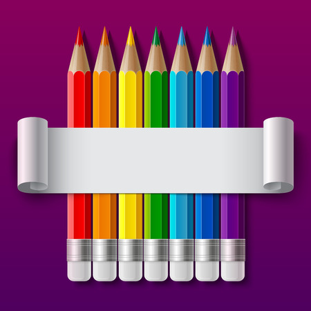 Rainbow color pencils and curled paper sheet with realistic shadow on purple gradient background. RGB EPS 10 vector illustrationのイラスト素材