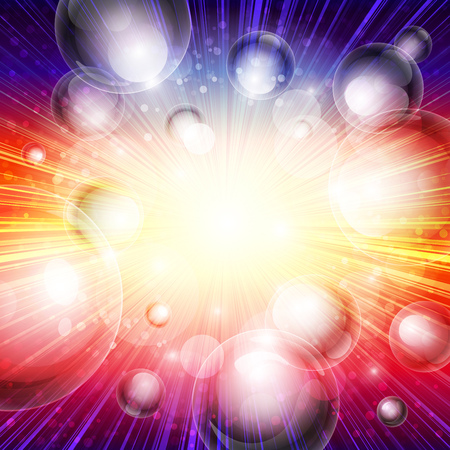 Rainbow stripes and transparent glass spheres explosion burst background. Blue, red and purple space poster with planets and stars. RGB EPS 10 vector illustrationのイラスト素材