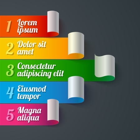 Infographics curled colorful paper stripe banners arrow with white turns and 5 text options on dark grey background. RGB EPS 10 vector illustrationのイラスト素材