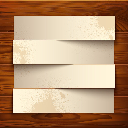 Vintage paper banners with realistic shadows on wooden texture background. RGB EPS 10 vector illustrationのイラスト素材