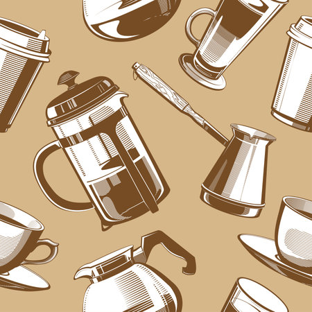 Hand drawn vintage brown coffee theme illustrations seamless pattern on beige backgroundのイラスト素材