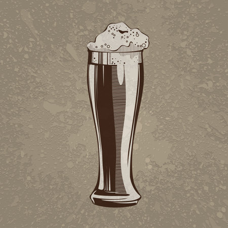Brown artistic hand drawn beer high glass with foam on beige dirty grunge splats backgroundのイラスト素材