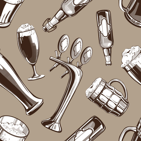 Hand drawn vintage black and white beer theme illustrations seamless pattern on beige backgroundのイラスト素材