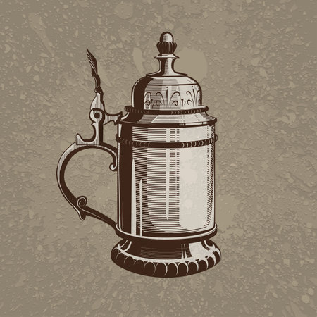 Brown artistic hand drawn beer metal mug on beige dirty grunge splats backgroundのイラスト素材