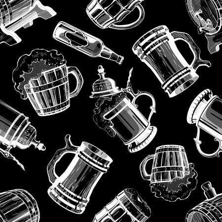 Hand drawn vintage black and white beer theme illustrations seamless pattern on beige backgroundのイラスト素材