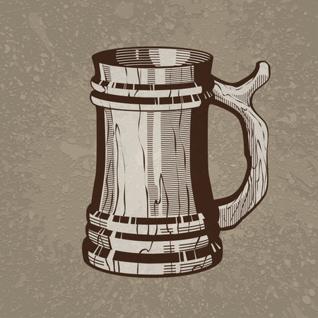 Brown artistic hand drawn beer wooden mug on beige dirty grunge splats background. RGB EPS 10 vector illustrationのイラスト素材