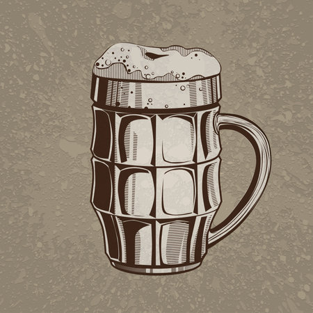Brown artistic hand drawn beer high glass mug with foam on beige dirty grunge splats background. RGB EPS 10 vector illustrationのイラスト素材