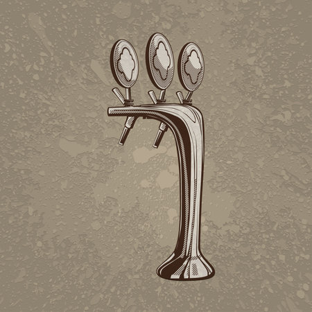Brown artistic hand drawn beer triple metal tap on beige dirty grunge splats background. RGB EPS 10 vector illustrationのイラスト素材