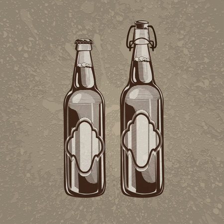 Brown artistic hand drawn beer glass bottles on beige dirty grunge splats backgroundのイラスト素材