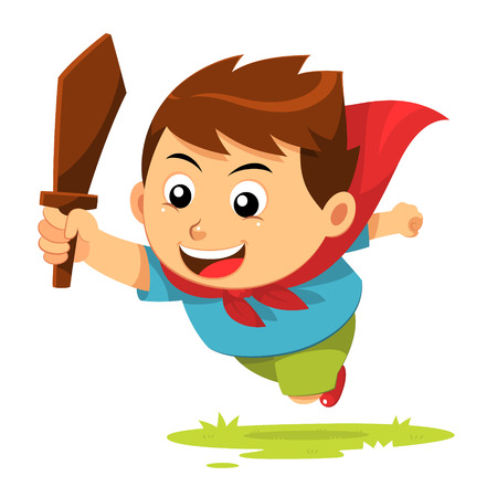 Boy In Action  A jumping boy with cape and wood sword のイラスト素材
