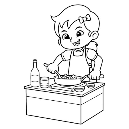 Girl Cooking To Make Delicious Food BW.のイラスト素材
