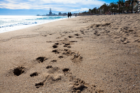 Sunny beach at the day with footprints in the sand and silhouettes of two young people, white clouds and small buildings in the backgroundの写真素材