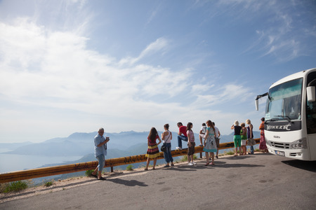 The tour group is admiring the surrounding area of Kotor Bay. Montenegroのeditorial素材