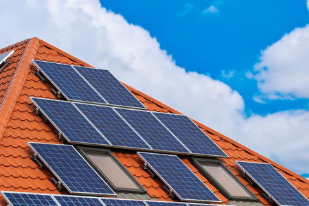 Solar panels on the roof of a house with blue sky and cloudsの写真素材
