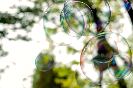 Soap bubbles against the background of the summer forest. Blurred background.