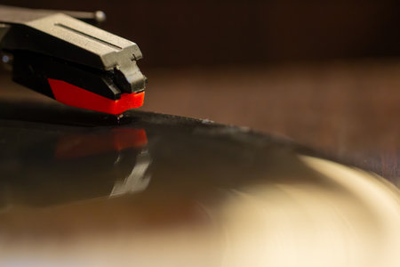Turntable vinyl record player close up macro shot with shallow depth of fieldの写真素材