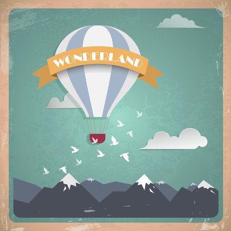 Vector postcard air balloon. Flat vintage designのイラスト素材