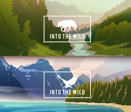 Landscape banners on themes: nature of Canada, survival in the wild, hunting. Vector illustration.のイラスト素材