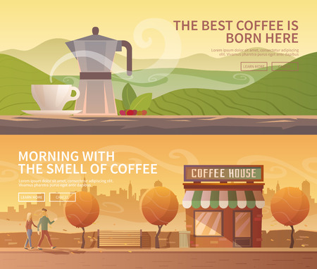 Beautiful set of vector banners for your projects. Coffee, coffee drinks, coffee cultivation Mountains. City, cityscape, landscape Couple, a date. Evening Cafe, coffee shop. Flat designのイラスト素材